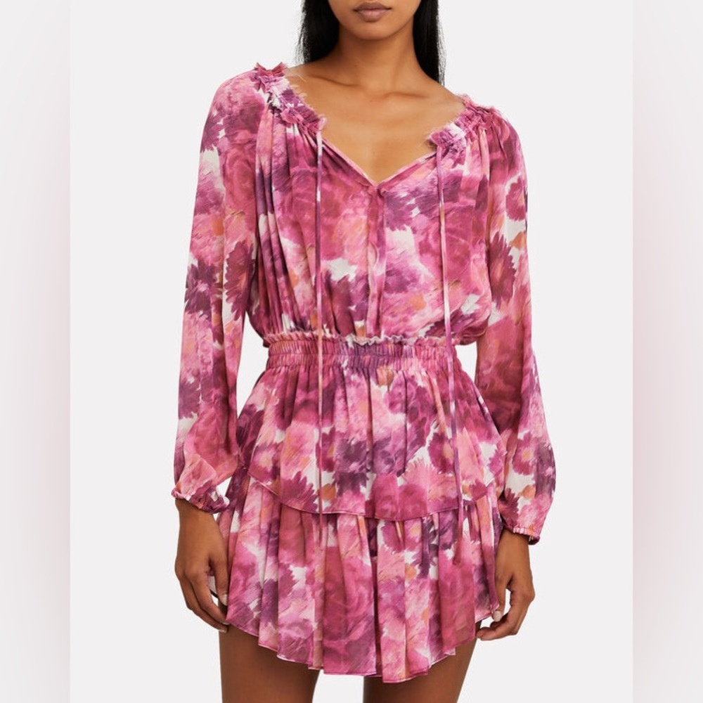 LOVESHACKFANCY Ruffled Popover Pink Purple Floral Silk Mini Dress L - Picture 12 of 12